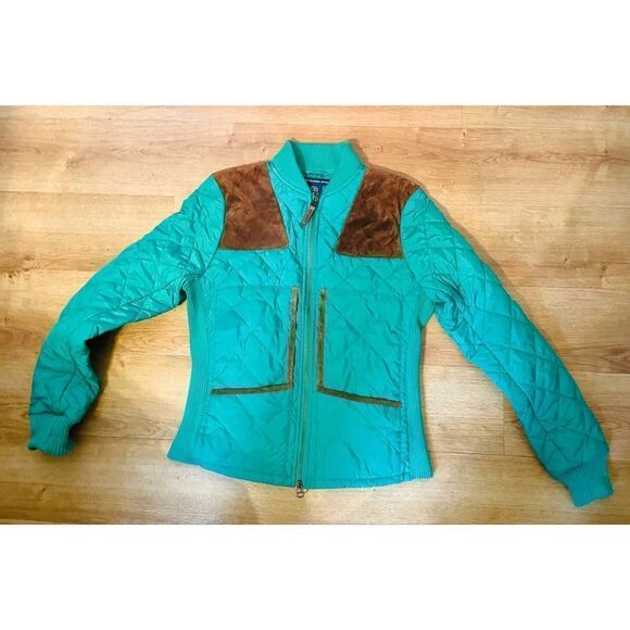 Ralph Lauren Sport Quilted Jacket Green W/ 100% Calf Suede Brown Trim Women S/P - Picture 1 of 10